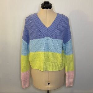 Hollister Pastel Color Block Cropped Sweater, Oversized Striped Knit Top, XS